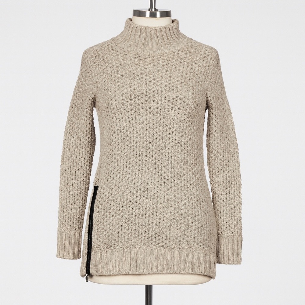 Banana‎ Republic Sweater Womens S Tan Chunky Knit Mock Neck Zip Hem Cozy Neutral